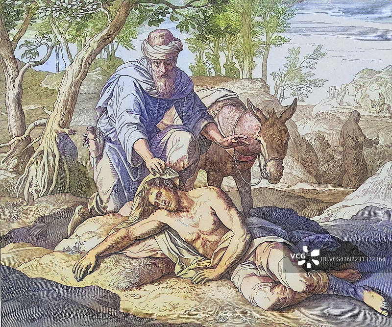 圣经故事，善良的撒玛利亚人的比喻，尤利乌斯·施诺尔·冯·卡罗尔斯费尔德的木刻版画数字增强复刻，历史悠久，约1860年，确切日期不详图片素材