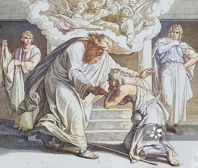 圣经故事，浪子回头的比喻，尤利乌斯·施诺尔·冯·卡罗尔斯费尔德的木刻版画数字增强复刻，历史悠久，约1860年，确切日期不详图片素材