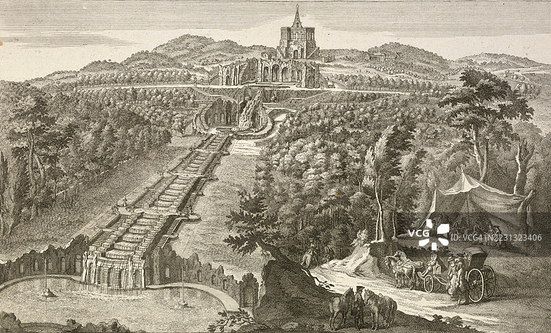 洞穴和瀑布，水景，卡尔斯贝格，卡塞尔，德国，约1880年，数字修复的19世纪插图复制品，历史性，确切日期未知图片素材