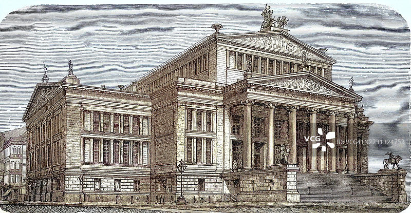 柏林皇家剧院，由辛克尔设计，约1895年，来自卢斯特花园的视角，德国图片素材