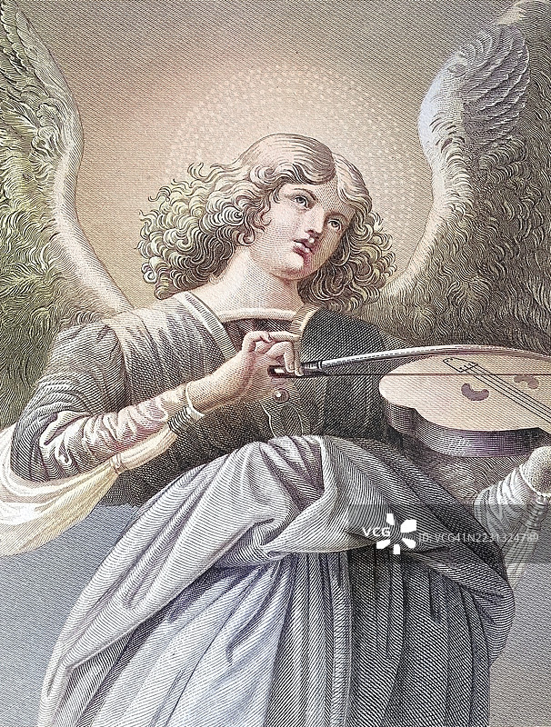 音乐天使与小提琴，卷发天使在天使光环中演奏小提琴，文艺复兴风格，模仿梅洛佐·达·福尔利的画作，数字修复的古老原作，历史性的，确切日期未知图片素材