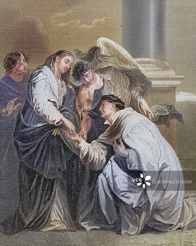 神秘的赫尔曼·约瑟夫·冯·施泰因费尔德(约1150年出生于科隆,1241年或1252年4月7日去世于祖尔皮希附近的霍芬修道院)是来自普雷门斯特拉特修道院的天主教圣人,祝福赫尔曼·约瑟夫的异象,1630年,基于范戴克的画作,情感丰富。图片素材