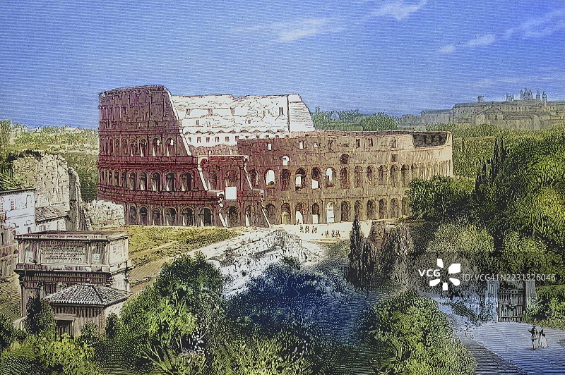 罗马斗兽场，亦称新圆形剧场或弗拉维圆形剧场，是古罗马建造的最大的圆形剧场，约建于1850年，意大利图片素材