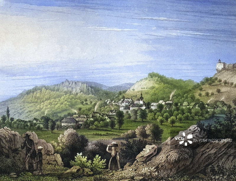 穆根多夫，气候疗养胜地，约1850年，弗兰肯瑞士，福尔赫海姆区，上弗兰肯，巴伐利亚，德国，数字增强复刻自19世纪原作，彩色，历史性，确切日期未知图片素材