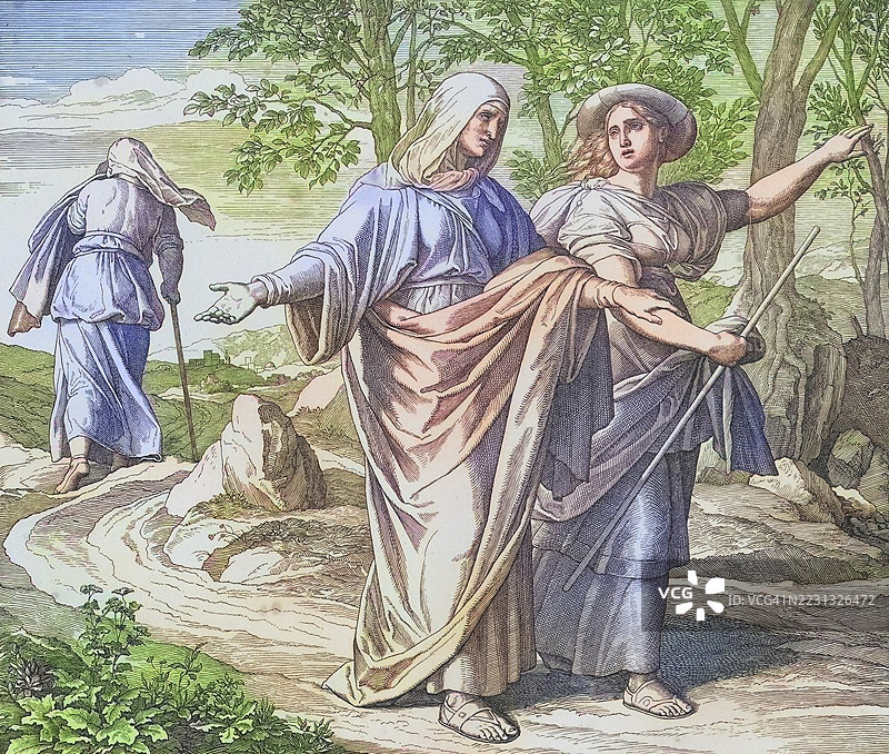 圣经故事，路得跟随拿俄米，路得记中的两位主要女性角色之一，前往伯利恒，朱利斯·施诺尔·冯·卡罗尔斯费尔德的木刻版画的数字增强复制品，历史悠久，约1860年。图片素材