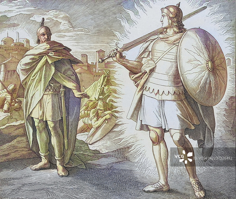 圣经历史，约书亚与主军的指挥官，朱利斯·施诺尔·冯·卡罗尔斯费尔德的木刻版画数字增强复刻，历史，约1860年，确切日期未知图片素材