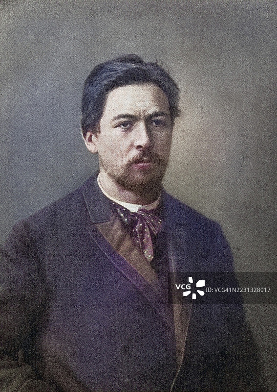 安东·巴甫洛维奇·契诃夫,1860 - 1904,俄罗斯医生、剧作家和作家。来自安东·契诃夫的剧作,发表于1923年,数字修复的19世纪原版(彩色),历史性,确切日期未知。图片素材
