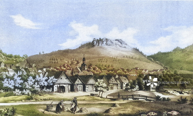 穆根多夫，气候疗养胜地，约1850年，弗兰肯瑞士，福尔希姆区，上弗兰肯，巴伐利亚，德国，数字增强复刻自19世纪原作，彩色，历史性，确切日期未知图片素材