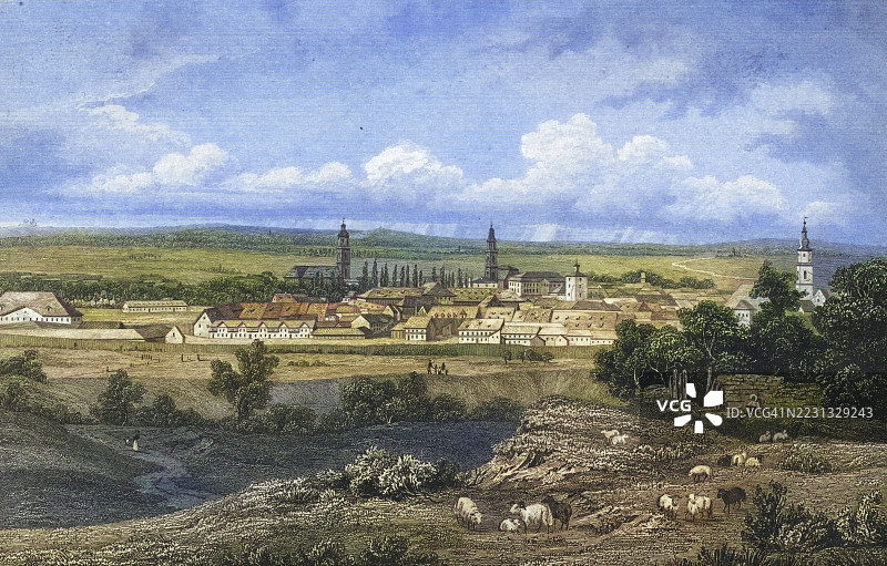 1850年的埃尔朗根，德国巴伐利亚中法兰克尼亚，19世纪原作的数字增强复制品，彩色，历史性，确切日期未知图片素材