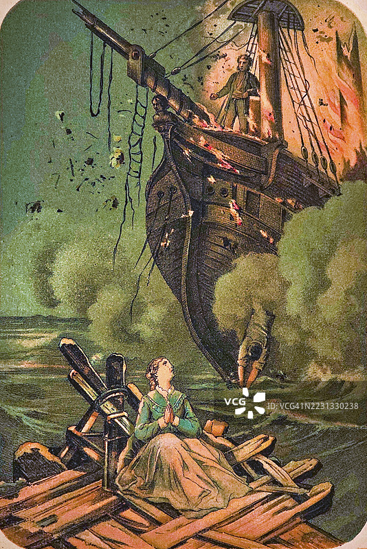 在公海上，海盗的儿子救了一位年轻女子免于溺水，船只失事，毁灭，海盗船，女子祈祷，叙事，彩色画作，1877年的历史插图图片素材
