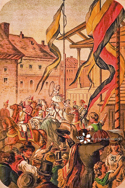 走钢丝者的孩子表演特技,骑在马背上,跳环,教堂,城市风景,穿制服的男人,盛大庆祝,欢呼,挥舞的旗帜,热情的人群,表演秀,彩色画作,1877年的历史插图图片素材