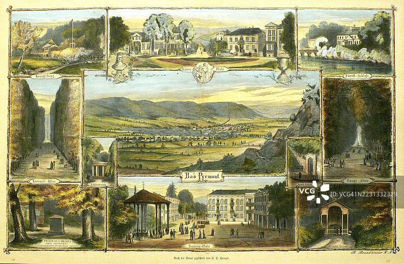 1850年左右的巴德皮尔蒙特景观,历史,德国下萨克森州,数字修复的19世纪原作复制品,记录日期未说明图片素材