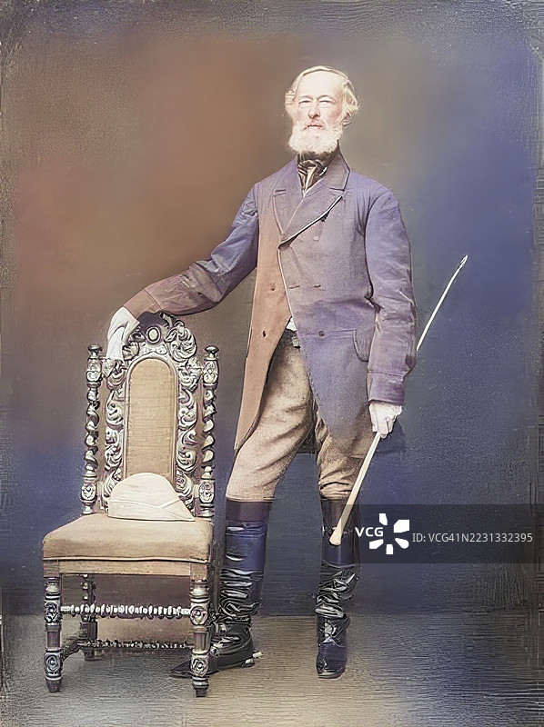 阿尔弗雷德·克鲁普,阿尔弗雷德·费利克斯·阿尔温·克鲁普(1812年4月26日出生于埃森,1887年7月14日去世于埃森),是一位德国工业家和发明家,身穿骑马服装,历史性的,经过数字修复的19世纪原作复制品,记录日期不详。图片素材