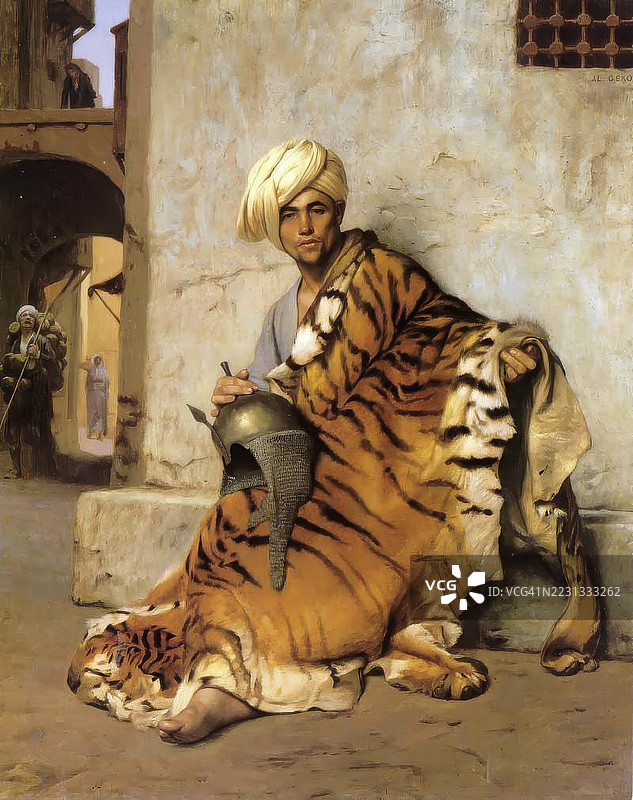 撒拉逊毛皮商人和老虎皮，尚-莱昂·热罗姆的画作，历史作品，19世纪原作的数字修复复制品，记录日期未说明图片素材
