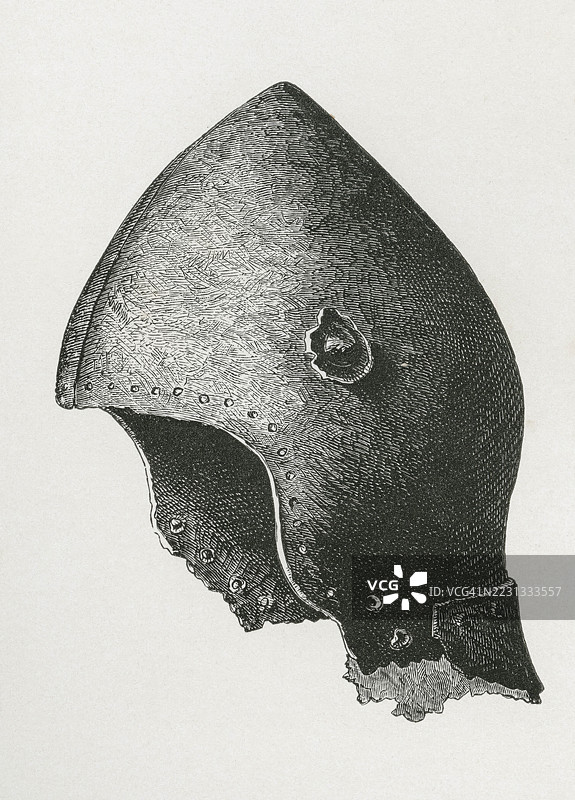 带有通风螺帽的摇篮，据信属于华威公爵盖伊，约1460年，来自1868年的书籍《英国军队》，历史性的，数字修复自19世纪原版，记录日期未说明图片素材