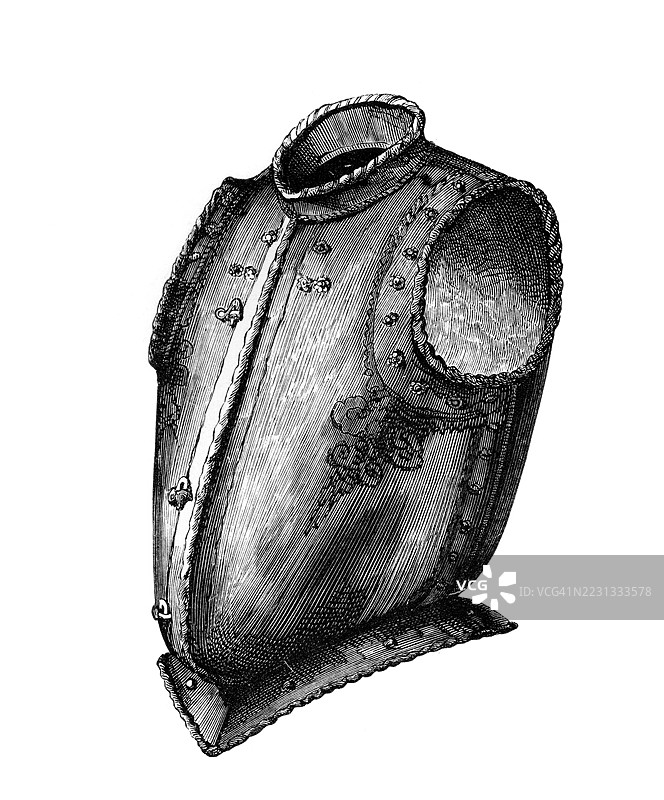 背部和胸甲，前开口，称为马甲胸甲，约1580年，来自1868年的《英国军队》一书，历史性的，数字修复自19世纪原版，记录日期未说明图片素材