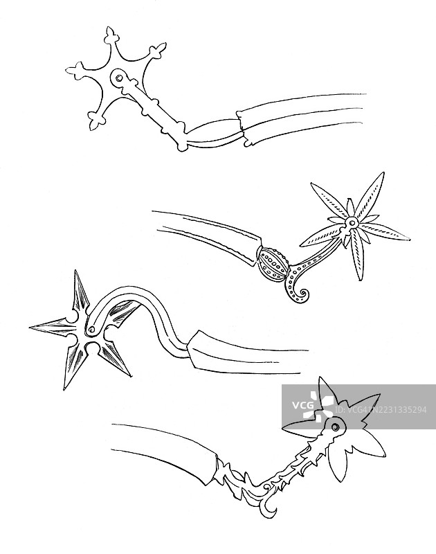 1600年左右的各种马刺，来自1868年的《英国军队》，历史性的，数字修复自19世纪的原版，记录日期未说明图片素材