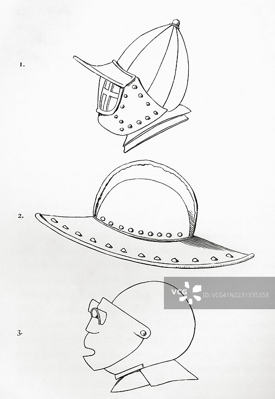 头盔：1. 不完整的面罩头盔。面罩可以通过额头上的铰链打开。2. 骑兵的锅形头盔，约1620年。3. 带有两部分面罩和半圆形瞄准孔的头盔，约1600年，来自1868年的《英国军队》一书。图片素材