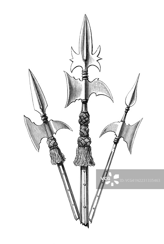 斯朋顿，一种类似于戟的半矛，曾被步兵军官作为游行武器与佩剑一起使用，直到19世纪初，摘自1868年出版的《英国军队》，19世纪的历史数字修复版。图片素材