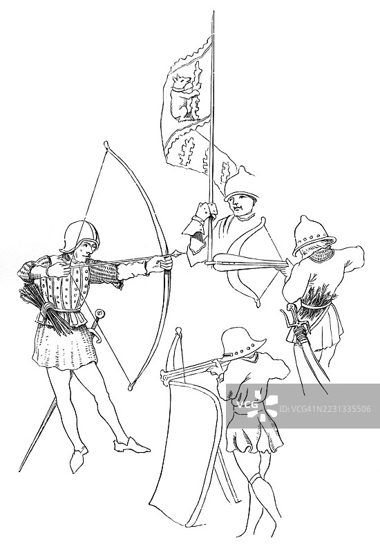 从左侧顺时针方向:一名弓箭手,沃里克伯爵理查德的旗帜,一名弩手和一名穿着盔甲的士兵,来自1868年的书籍《英国军队》,历史性的,经过数字修复的19世纪原版,记录日期未说明。图片素材