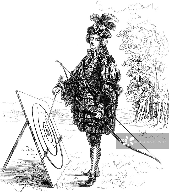 苏格兰贵族，传说中的埃尔乔勋爵，身穿苏格兰皇家弓箭手卫队的制服，约1713年，来自1868年的书籍《英国军队》，历史性的，数字修复自19世纪的原版，记录日期未说明图片素材