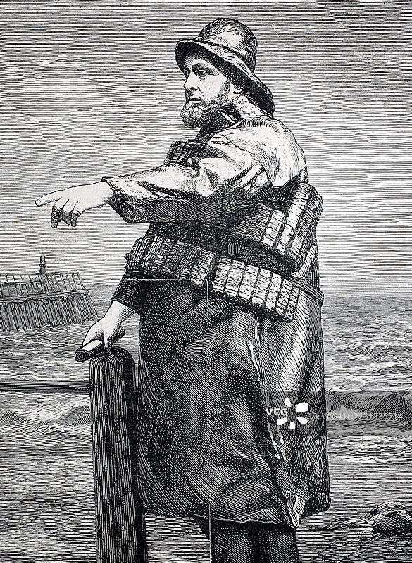 救生艇“塞缪尔·普林索尔”的舵手罗伯特·胡克,来自洛韦斯托夫,拯救了超过两百条生命,水手,救生员,1880年,英格兰,历史,经过数字修复的19世纪原作复制品,记录日期未说明图片素材