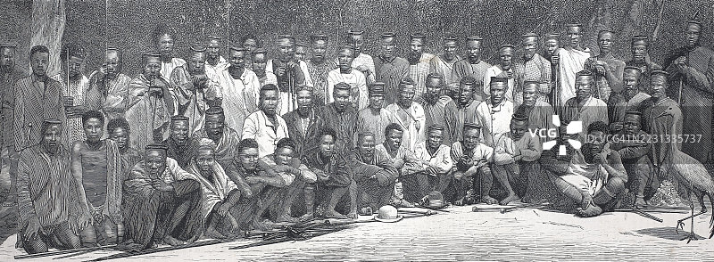 恢复塞特瓦约的统治，他是1872年至1879年间最后一位祖鲁主权国王，属于1600人的祖鲁代表团的一部分，该代表团请求国王复位，历史性的，数字修复的19世纪原作复制品，记录日期未说明图片素材