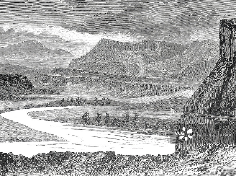 1883年加拿大不列颠哥伦比亚省南部的汤普森河，历史，19世纪原作的数字修复复制品，记录日期未说明图片素材