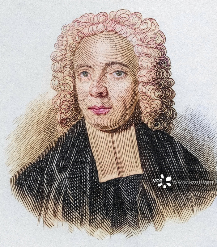 丹尼尔·科斯格罗夫·沃特兰，1683年至1740年，英国神学家，摘自1825年出版的《克拉布历史词典》，历史作品，彩色，数字修复自19世纪原版，记录日期未说明图片素材