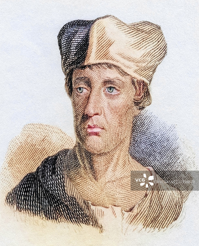 约翰·莱兰（John Leland），拉丁名约翰内斯·莱兰杜斯（Johannes Lelandus），莱兰（Leyland）（出生于约1503年9月13日，伦敦，去世于1552年4月18日）是一位英国古物学家、历史学家及亨利八世的图书管理员，摘自《克拉布历史词典》，1825年，历史、彩色、数字版。图片素材