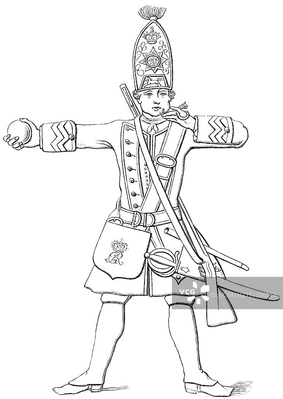 1745年英格兰，国王陛下第一步兵团的掷弹兵，来自1868年出版的《英国军队》，经过数字修复的19世纪原版复制，记录日期未说明。图片素材