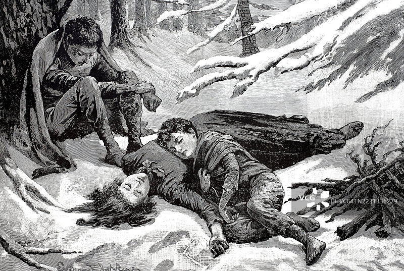 1888年,美国达科他州,一名儿童和一名女性在暴风雪后冻死,躺在雪地里,历史照片,19世纪原版的数字修复复制品,记录日期未说明图片素材