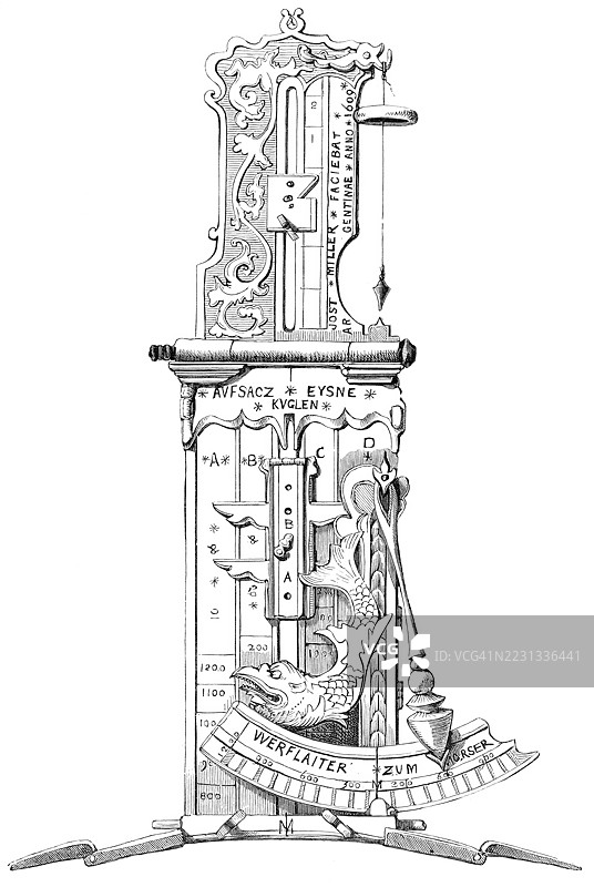 1609年制造的英国大炮的切线瞄准器，来自1868年的《英国军队》一书，历史性的，经过数字修复的19世纪模型，记录日期未说明。图片素材