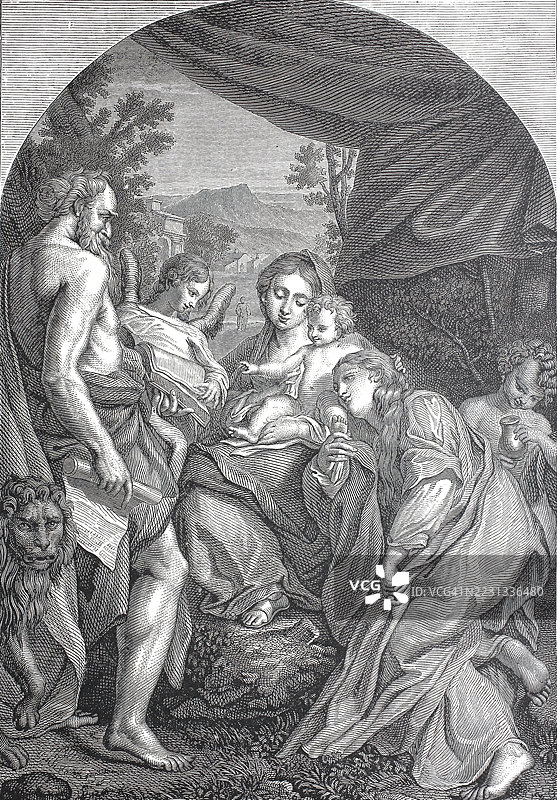 《圣母与圣婴及圣杰罗姆和圣玛丽亚·玛德琳》，木刻版，源自意大利文艺复兴艺术家科雷吉欧约1528年的油画，历史性的，经过数字修复的19世纪原作复制品，记录日期未说明。图片素材