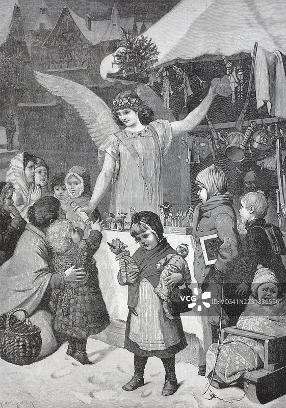 身穿圣诞天使服装的女孩在圣诞市场的摊位上出售玩偶和小雕像，1888年，法国，历史性，经过数字修复的19世纪原作，记录日期未说明图片素材