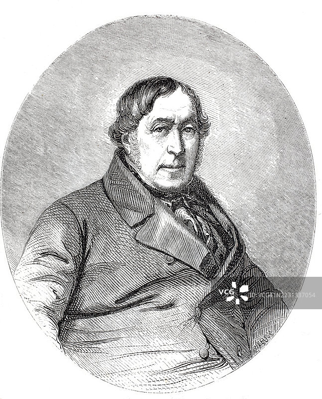 乔阿基诺·安东尼奥·罗西尼（Gioachino Antonio Rossini），出生于1792年2月29日，意大利佩萨罗（今马尔凯大区），于1868年11月13日在巴黎去世，是一位意大利作曲家，数字增强的19世纪原作复制品，历史性，确切日期未知。图片素材