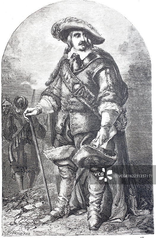 奥利弗·克伦威尔(1599年4月25日 - 1658年9月3日)是英格兰的议会成员、军事领袖以及在1649年短暂的英格兰共和国时期的主要政治家,19世纪的数字增强复制品。图片素材