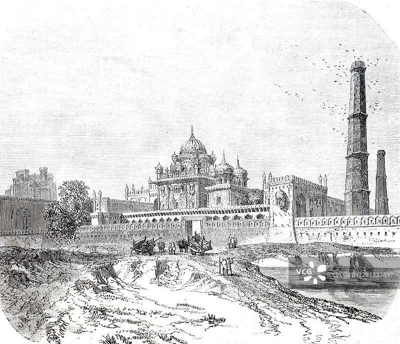 拉合尔的兰吉特·辛格陵墓，兰吉特·辛格大 Maharaja（1780年11月到1839年6月27日），是统一旁遮普的第一位统治者，1870年，巴基斯坦，19世纪原作的数字增强复制品，历史，确切日期未知图片素材