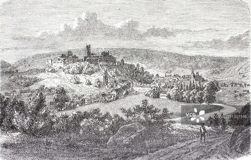 1870年左右的阿尔特缪尔谷中的帕彭海姆，位于德国巴伐利亚中弗兰肯的魏森堡-古岑豪森区，历史性的，经过数字增强的19世纪原作复制品图片素材