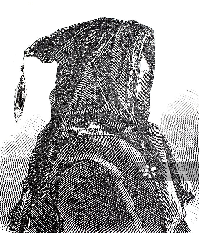 1860年女性的头部、发型和头饰，巴什利克，一种带有两个长尾的帽子，可以像围巾一样缠绕在脖子上，历史性的，经过数字增强的19世纪模型复刻。图片素材