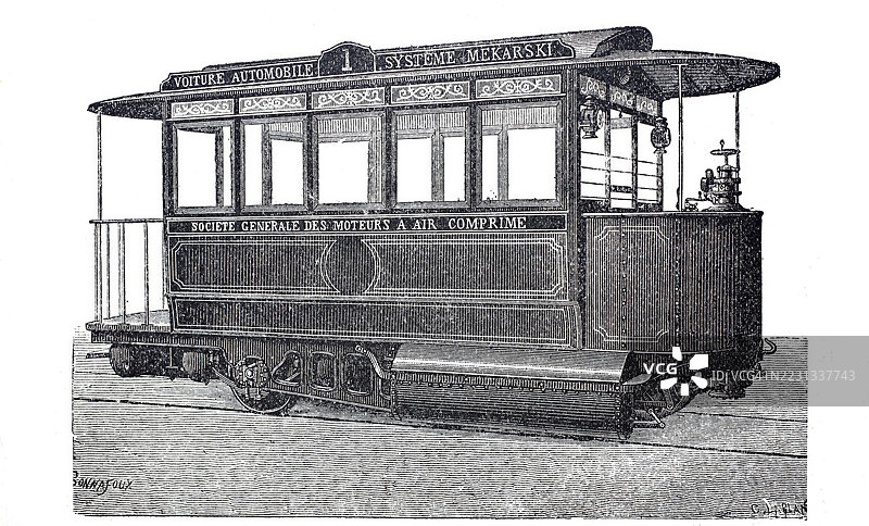 梅卡尔斯基的电车系统,采用压缩空气驱动,压缩空气电车,约1900年,法国巴黎,19世纪模型的数字化改进复制品,历史性,确切日期未知图片素材