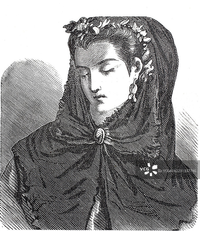 1860年左右女性的头部、发型和头饰，带西班牙斗篷的帽子，围绕头部和肩部佩戴的蕾丝面纱，西班牙，历史，19世纪模型的数字增强复刻图片素材