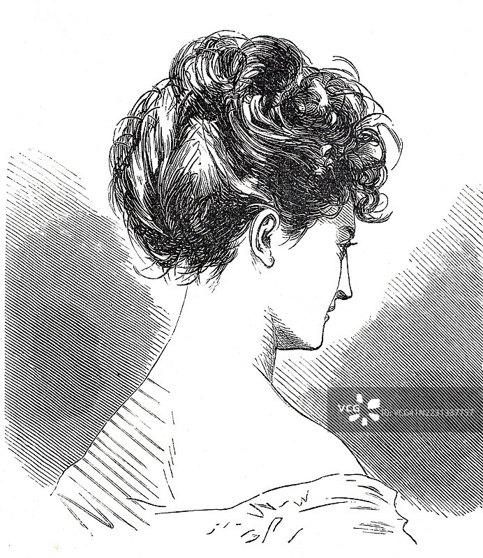 1860年左右女性的头部、发型和头饰，斯特鲁维尔彼得风格的发型，短发，历史，19世纪模型的数字增强复刻图片素材