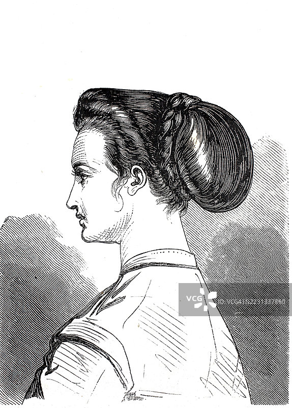 1860年左右女性的头部、发型和头饰,资产阶级发髻,一种以头发在后面盘起为特征的发型,历史性的,经过数字增强的19世纪模特的再现图片素材