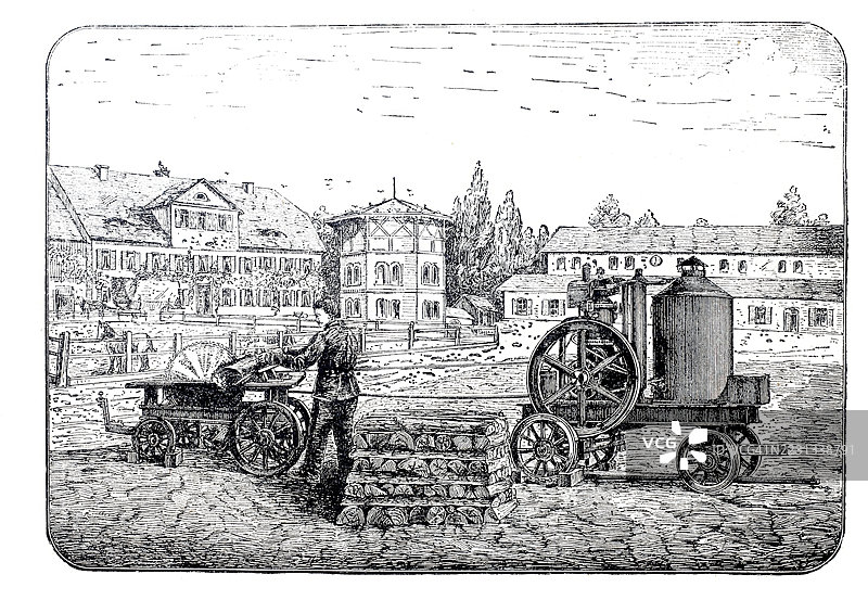 移动圆锯和分裂机,配备汽油发动机,由莱比锡的J.M. Grob & Co.设计,约1886年,历史性的,经过数字化改进的19世纪模型再现图片素材