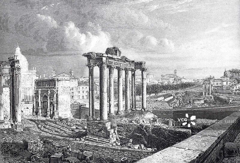 1870年的罗马广场，意大利罗马，19世纪原作的数字增强复制品，历史悠久，确切日期不详图片素材