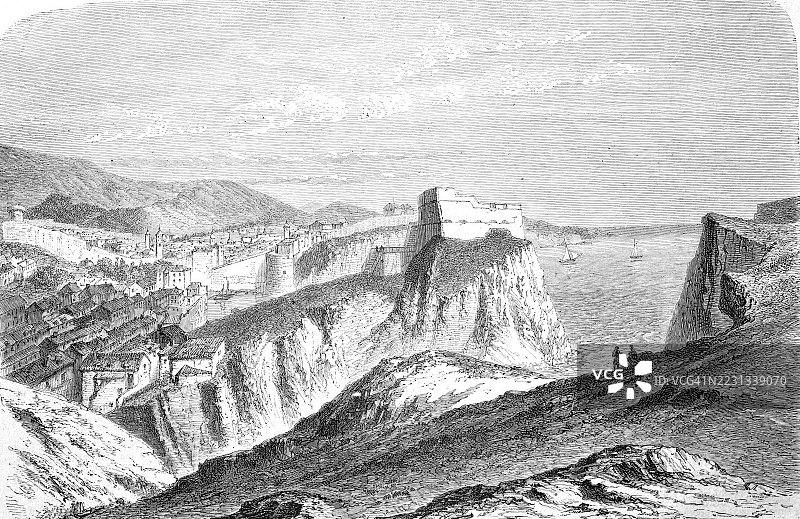 达尔马提亚的拉古萨景观，今天的克罗地亚杜布罗夫尼克，历史场景，19世纪的模型复刻图片素材