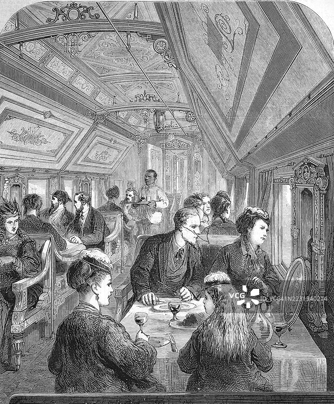 太平洋铁路上的餐车内的杰出人物，铁路，美国，历史，19世纪场景的原版复刻图片素材