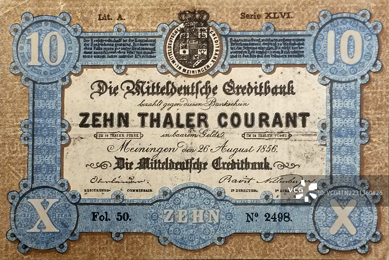 银行票据，紧急资金，十塔勒，塔勒，中德信贷银行，1856年，德国，历史银行票据的复制品图片素材