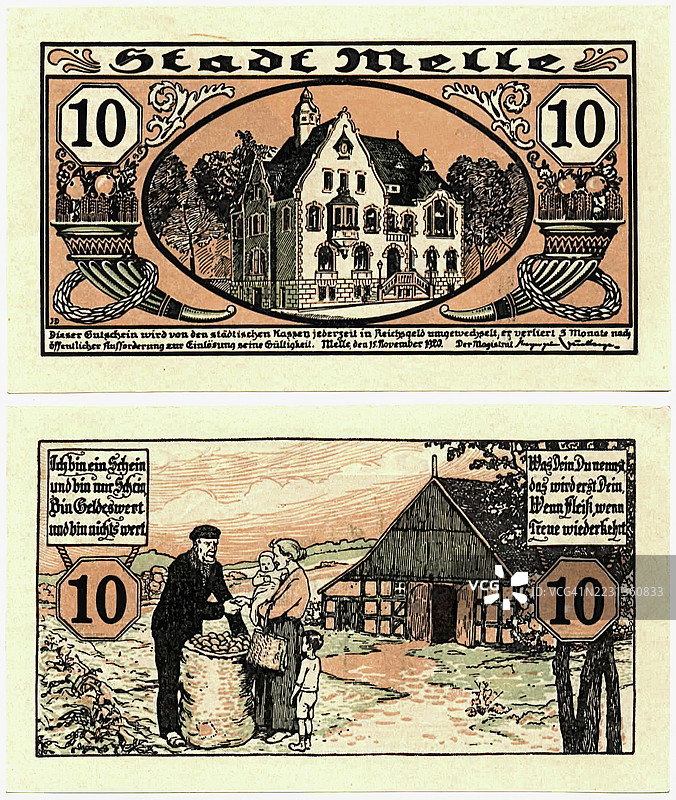 纸币，应急货币，战争应急货币，10芬尼，梅勒镇，1920年，德国，历史纸币复制品图片素材